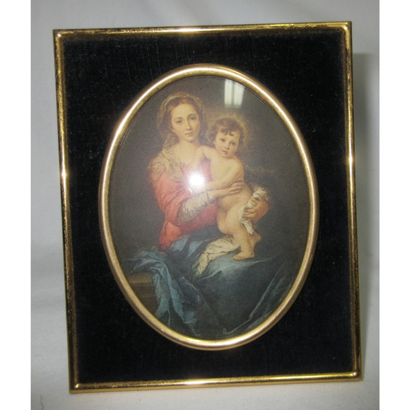 Murillo Madonna and Child Miniature in Black Velvet Italian Oval Frame 5.5 x 4.7 - Picture 1 of 5